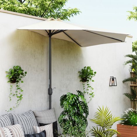 Demi parasol parasol de balcon 5 entretoises métal cheminée incluse 2.93 x 1.5 x 2.49 m polyester haute densité crème
