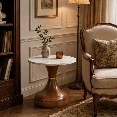 Set de 2 tables basses rondes, plateau mélamine effet marbre, piètement sablier finition noyer, design moderne et luxueux, polyvalentes pour salon, chambre et bureau (1/5)