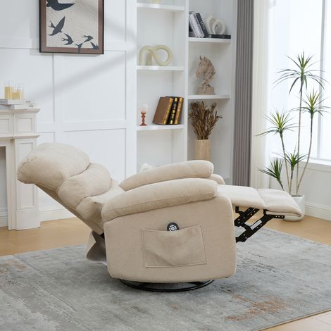 Fauteuil inclinable pivotant 360° électrique avec massage et chauffage. Dossier et repose-pieds ajustables, kaki clair (1/5)