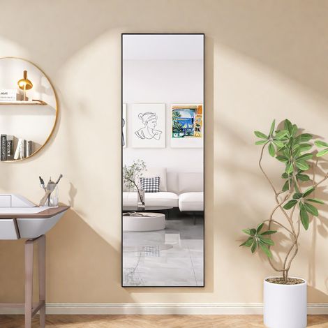 Miroir sur Pied Noir 165x60cm, Miroir de Sol rectangulaire Pleine Longueur, Miroir Mural à Suspendre ou à Poser,pour Salle de Bain, Chambre, Entrée