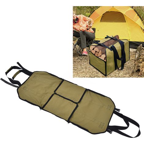 Großvolumiger, vielseitig verwendbarer Holzsack aus Oxford-Gewebe in Khaki zum Transportieren und Lagern von Brennholz im Garten. (1/5)