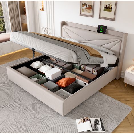 Cama doble tapizada con almacenamiento y USB beige OKMYHOME (1/5)