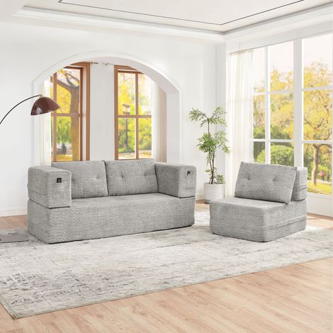 Canapé cloud modulaire sans montage,transformable en lit d’amis. Poches latérales pour téléphone,télécommande,gris clair. (1/5)