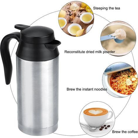 Mug chauffant électrique portable 12V 750ml voiture voyage café thé bouilloire acier inox 304 argenté 22x6.7x8.8cm avec câble allume-cigare (1/5)