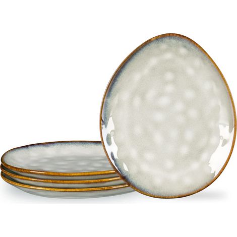 Service de Table en Grès Glaçure, 4 Assiettes à Dessert, Assiette à Tapas/Assiette de Présentation, Vaiselle Handmade en Céramique - Beige (1/5)