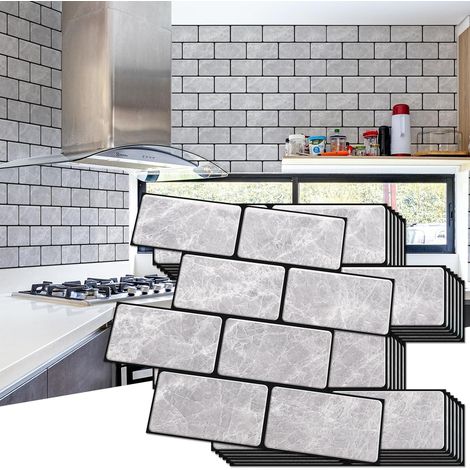 Lot de 10 Carreaux de Métro épais à Décoller et à Coller pour cuisine,salle de bain,Gris marbré,32x27x0.2 cm (1/5)
