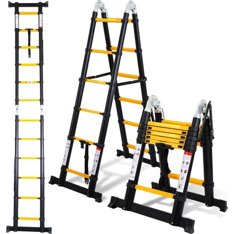 SWANEW Échelle télescopique Aluminium 1,9m+1,9m Argent sans crochets Avec stabilisateur charge max. 150 kg - Argent (1/5)