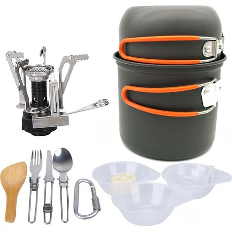 Ensemble de cuisine de camping pour 1 à 2 personnes, casserole pliable avec mini réchaud à gaz, kit de cuisine de pique-nique, ensemble de cuisine léger en aluminium pour barbecue, randonnée et cuisin (1/5)