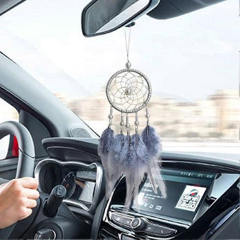 Attrape-rêves fait main, argenté et gris, pendentif pour rétroviseur de voiture avec perle, cercle argenté (1/5)