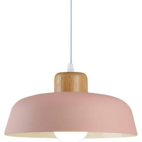 Lampe à suspension en métal rond simple et moderne nordique, Grand plafonnier E27 finition bois, Lumière suspendue de couleur vive pour salon de chambre à coucher de cuisine (Rose) (1/5)