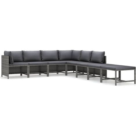 8-tlg. Garten-Lounge-Set mit Kissen Poly Rattan Grau vidaXL