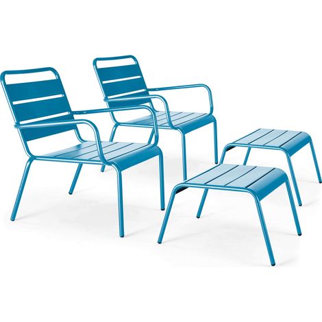 Lot de 2 fauteuils relax avec repose-pieds en métal bleu pacific - Palavas