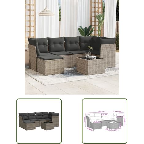 The Living Store Salon de jardin avec coussins 7 pcs gris résine tressée - Ensemble Salon De Jardin - Mobilier De Jardin - Résine Tressée - Rotin Synthétique - Chaise Lounge (1/3)