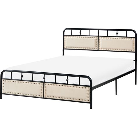 Cama doble de metal tradicional moderna 140 x 200 cm somier de láminas dormitorio negro Breuillet