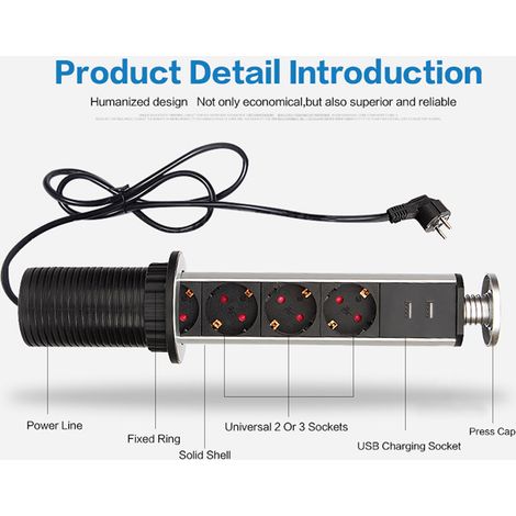 Elektrische Zugsteckdose für Schreibtisch/Arbeitsplatte, Heimgebrauch, USB-Pop-up-Buchse, EU-Stecker, 250 V (1/5)