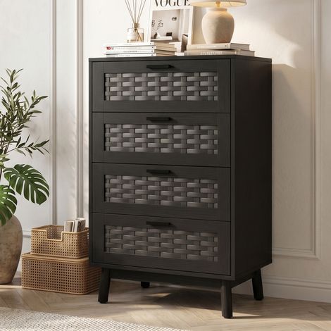 Commode en rotin et bois avec 4 tiroirs,buffet, meuble de rangement,Noir,chambres, les salons ou les couloirs