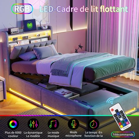 Dans Les Nuages – Lit coffre 90x190 cm avec éclairage LED – Tête de lit de rangement – Étagères intégrées – Sommier à lattes en bois – Velours gris — vue 3