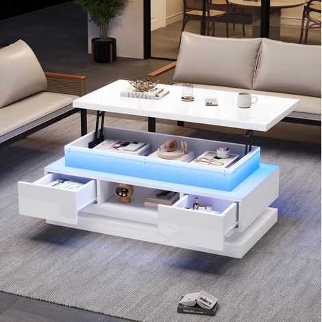 Tavolino da salotto in truciolato 100 x 50 x 40 cm bianco, sollevabile fino a 54 cm, con LED e 2 cassetti (1/5)
