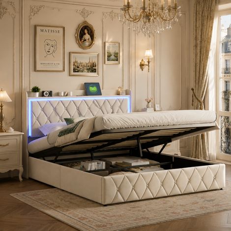 Lit coffre 140x190cm avec lumières LED, Lit double avec espace de rangement, lit apitonné avec port USB, cadre de lit à lattes, lit adulte, Velours, Beige (1/5)