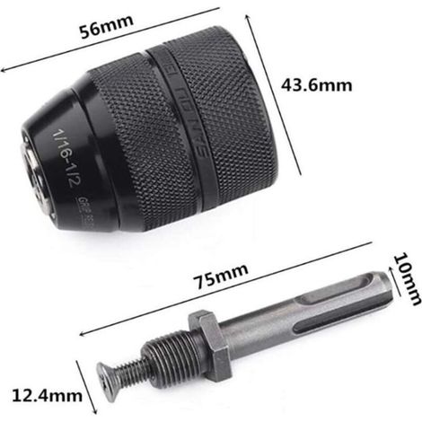 Mandrin Universel Autoserrant,Adaptateur SDS Mandrin autoserrant à fermeture rapide 2-13 mm Mandrin Professionnel Robuste 1/2-20UNF Perceuse Sans Clé de Mandrin à Fermeture Rapide (1/3)