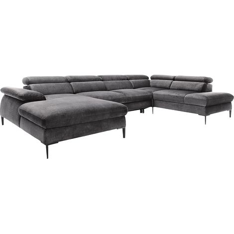 Grand canapé d'angle gauche panoramique convertible en velours gris anthracite SEPINA (1/5)