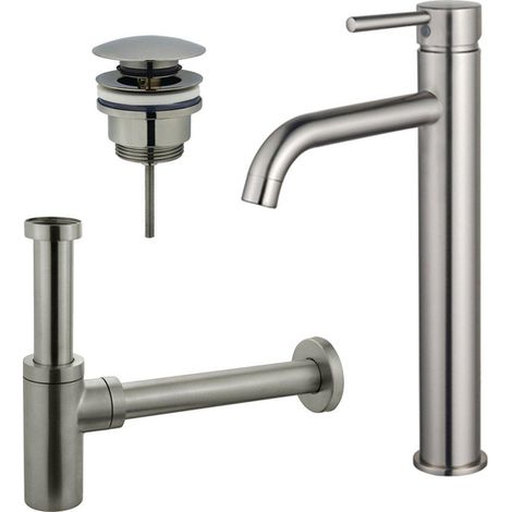 Fortifura Calvi Kit mitigeur lavabo - robinet rehaussé - bonde clic clac - siphon design - PVD Inox brossé (1/4)