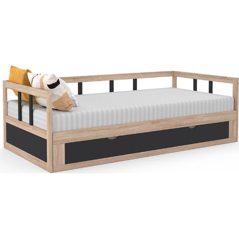 Idmarket – Lit escamotable 90 x 190 cm – Convertible 180 x 190 cm – Hêtre et noir – 1 tiroir de rangement – Design moderne