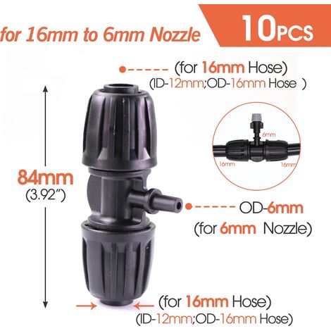 (16 mm vers 6 mm - Té 1/2'') 10 pièces Raccord de tuyau PE 16 mm à verrouillage, raccord en T 4/6 voies pour tuyau d'arrosage, séparateur d'eau (1/5)