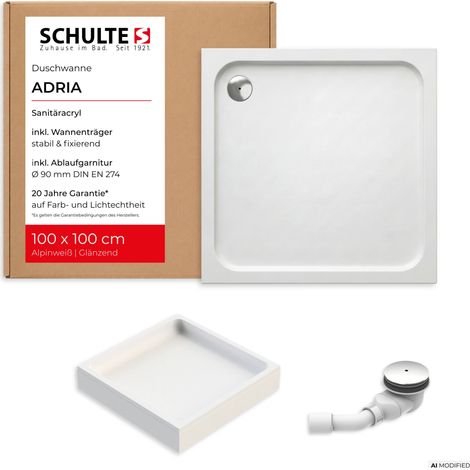Schulte Duschwanne Adria 100x100 cm Weiß - Komplettset inkl. Wannenträger und Ablauf, aus hochwertigem Sanitäracryl