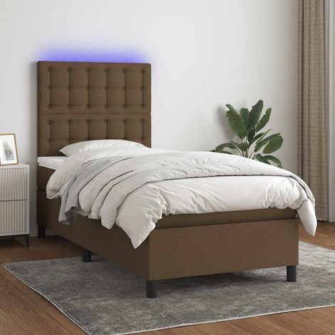 Cama box spring colchón luces LED tela marrón oscuro 100x200cm (1/5)