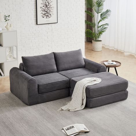 Schlafsofa Cord Grau modular mit beweglicher Fußstütze und geschwungenen Armlehnen