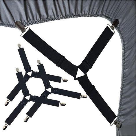 Lot de 4 tendeurs de drap de lit élastiques avec design triangulaire, sangles réglables avec clips métalliques solides, supports de drap de lit antidérapants pour lit simple, double, king size
