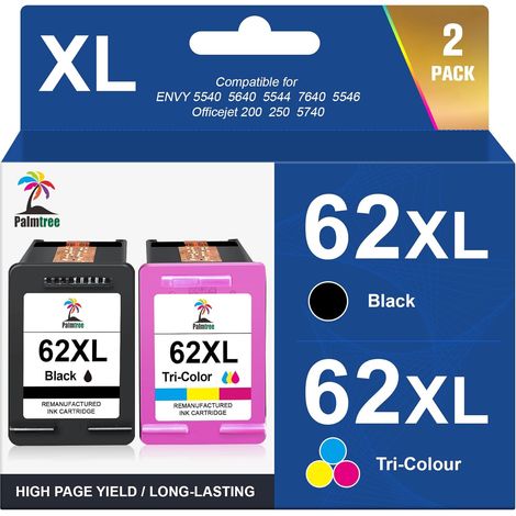 62XL Cartouche d'encre Remanufacturé Cartouche HP 62 Noir et Couleur pour HP OfficeJet 200 250 5740 5742 Envy 5640 5547 5644 5642 7640 5540 (1/5)