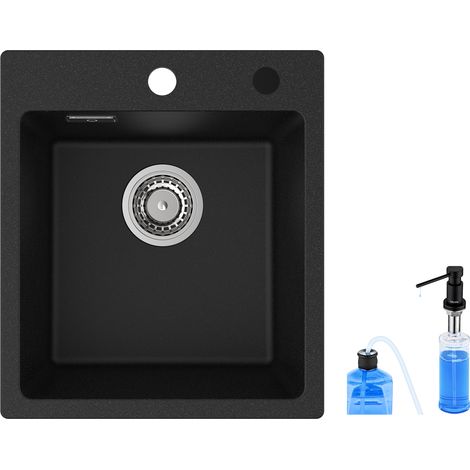 Cecipa Fregadero Cuarzo Negro 40x45cm + Dosificador de Jabón - Fregadero de Cuarzo Fregadero de Granito, Fregadero 1 Seno de Encastre