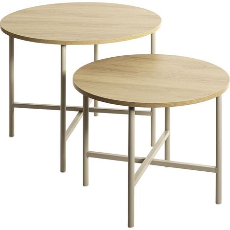 Lot de 2 tables basses gigognes rondes coloris Effet chêne et structure marron - Diamètre 50/60 x Hauteur 40/48 cm (1/5)