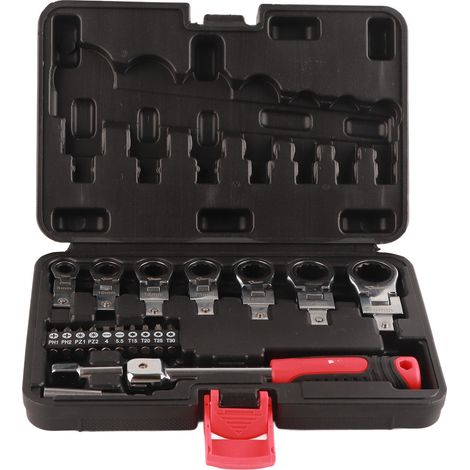 clé à cliquetKit de cliquet interchangeable avec tête flexible rotative à 180° – Kit de 20 pièces pour travaux mécaniques et réparation (manipulateur, embouts, coffret) (1/5)