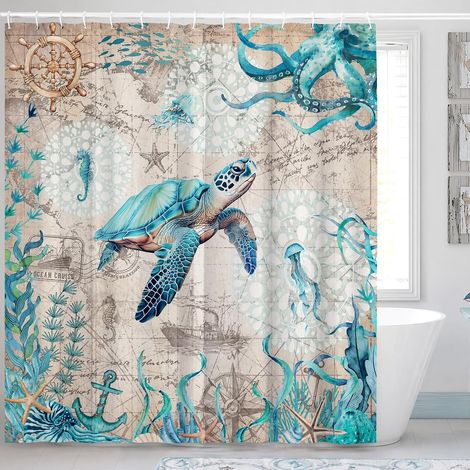Rideau de Douche 180x180 cm Tortue Marine, Anti-Moisissure (1/5)