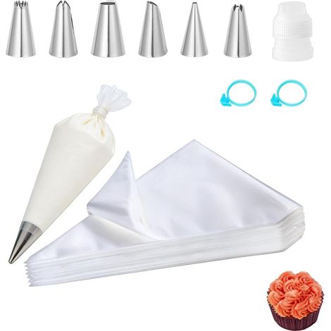100 Poche à Douille avec Embout, pour Décoration de Gâteaux, Cupcakes, Biscuits, Accessoires de Pâtisserie, avec 6 Embouts en Inox, 1 Adaptateur, Poches à Pâtisserie Transparentes (1/5)