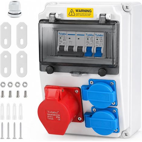 Distributeur de courant de chantier IP65 pré-câblé, 2 x 16 A 1P LS 32 A 3P LS, 1 x CEE 16 A 5 broches, 2 x Schuko, rabat transparent, répartiteur ABS ignifuge pour intérieur/extérieur ateliers usines (1/5)