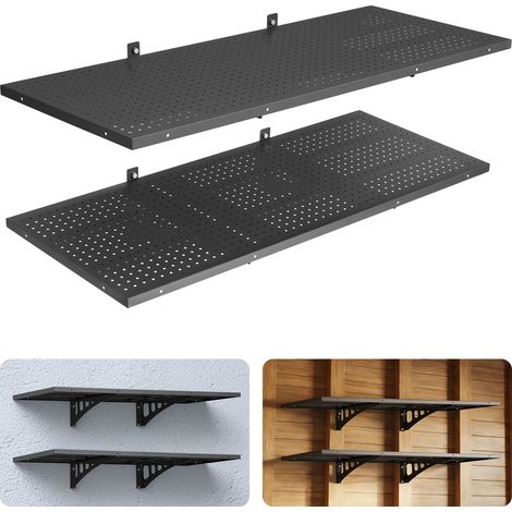 VEVOR Estantería de Pared de Acero Resistente 500x1219mm, Carga 254kg en Total 127kg por Estante, Distancia Ajustable, Juego de 2 Estanterías Flotantes con Ganchos para Lavandería Garaje Taller Cocina (1/5)