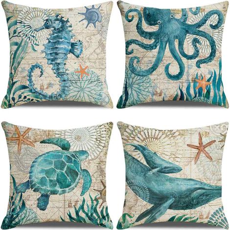 Extérieur Housse De Coussin, Lot De 4 Imperméable La Vie Marine Bleue Motif Canapé Taie D'oreiller Pour Patio Jardin Salon Chambre Décoration, 45x45cm (1/5)