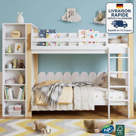 Lit enfant, lit superposé 90x200 cm avec barrières de sécurité, échelle 4 marches, 6 étagères ouvertes, armoires latérales - pin et panneaux, blanc et naturel (1/5)