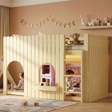 Lit mezzanine avec barrières, lit enfant, 90x200cm, avec éclairage LED, échelle droite à trois marches et fenêtres cintrées, naturel (1/5)