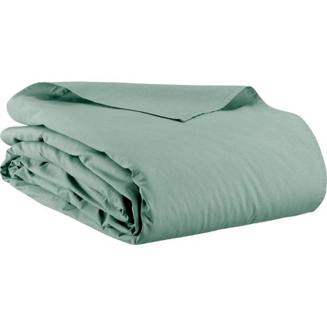 Drap plat en coton lavé doux et souple pour lit, coloris vert sauge, 240 x 300 cm - PANGIVO (1/2)