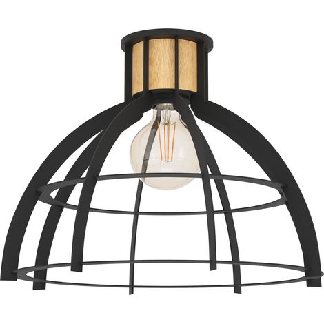 EGLO Deckenlampe Stillington, runde Deckenleuchte aus Holz und Stahl in schwarz, Wohnzimmerlampe im Vintage und Retro Design, Lampe Decke Wohnzimmer, E27 Fassung, Ø 42 cm