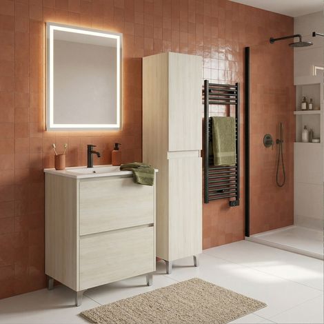 Ensemble meuble vasque L.60cm + 1 colonne sur pied 2 tiroirs Chêne blanchi LISBONA (1/5)