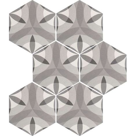 Carrelage sol / mur hexagonal motif fleur gris 17,5x20 cm HEXATILE NATURE B&W (vendu par boite de 0,71m2) (1/5)