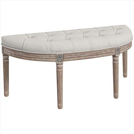 Banquette demi-lune crème en tissu lin, bout de lit style Louis XVI, bois sculpté (1/5)