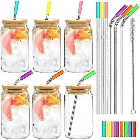 Bierdosen-Glasbecher mit Deckel und Strohhalmen – Eiskaffee-Gläser, 473 ml, Dosenförmige Glasbecher, Bierglas (1/5)