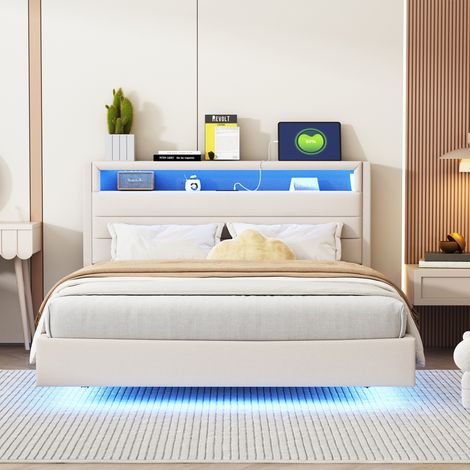 Lit rembourré 140×200cm beige lin,LED,USB,tête réversible,pied dissimulé,lit double plat pour jeunesse et adultes
